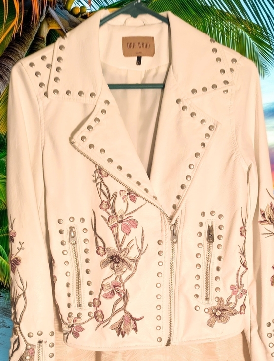 DRIFTWOOD Jackets & Blazers - Women's DRIFTWOOD White Faux Leather Moto Jacket Sm. Floral Embroidery & Studs